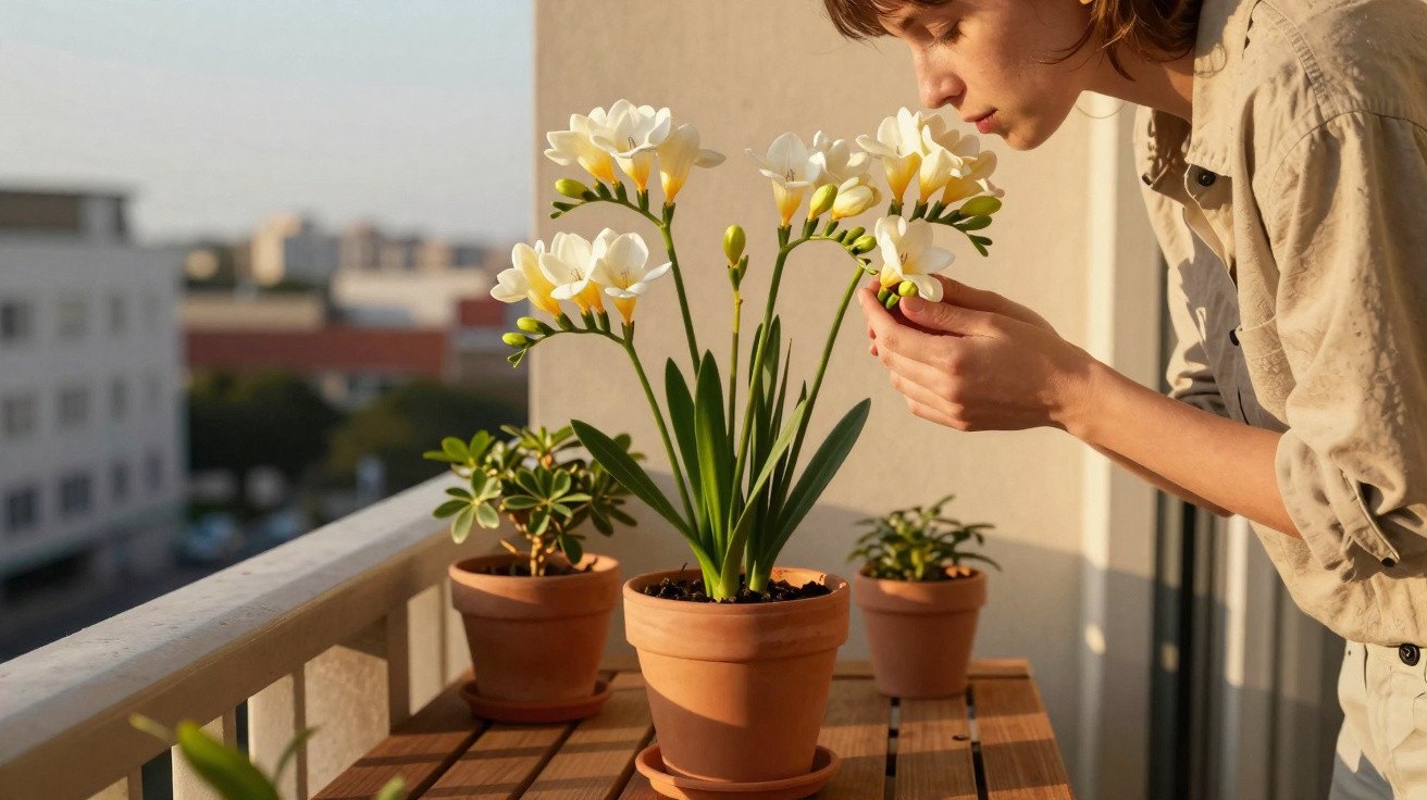 Pessoa cheirando flores brancas em vaso de barro em uma varanda ao pôr do sol.
