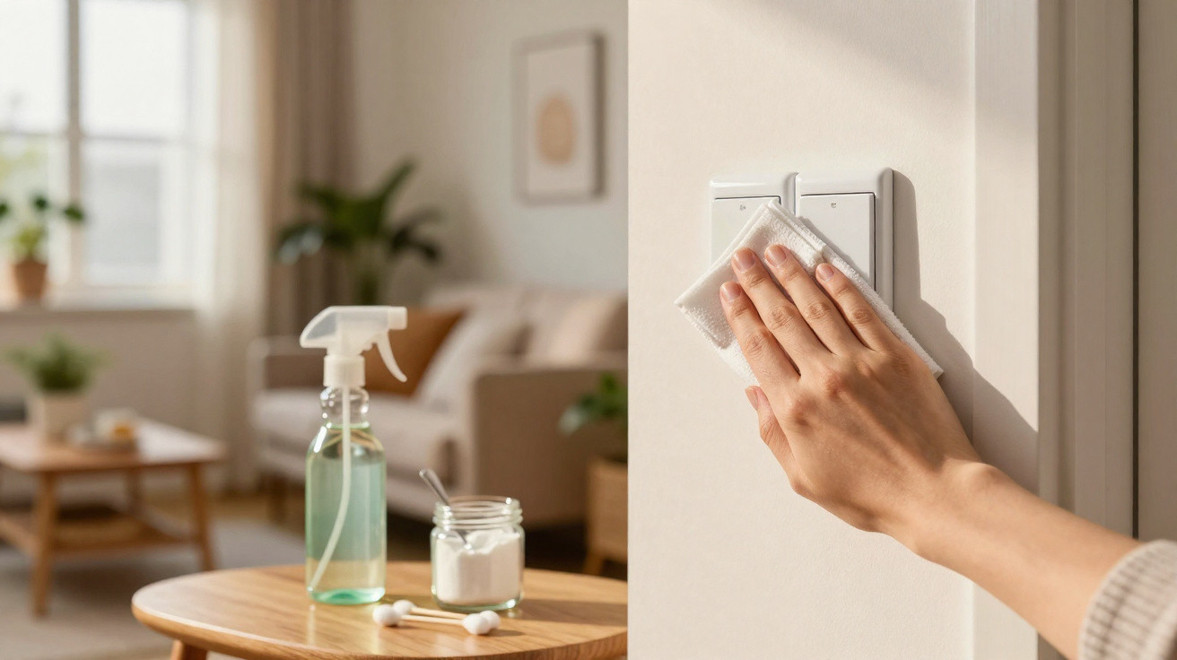 Mão limpando interruptor de luz com pano, spray e algodão para limpeza em sala iluminada.