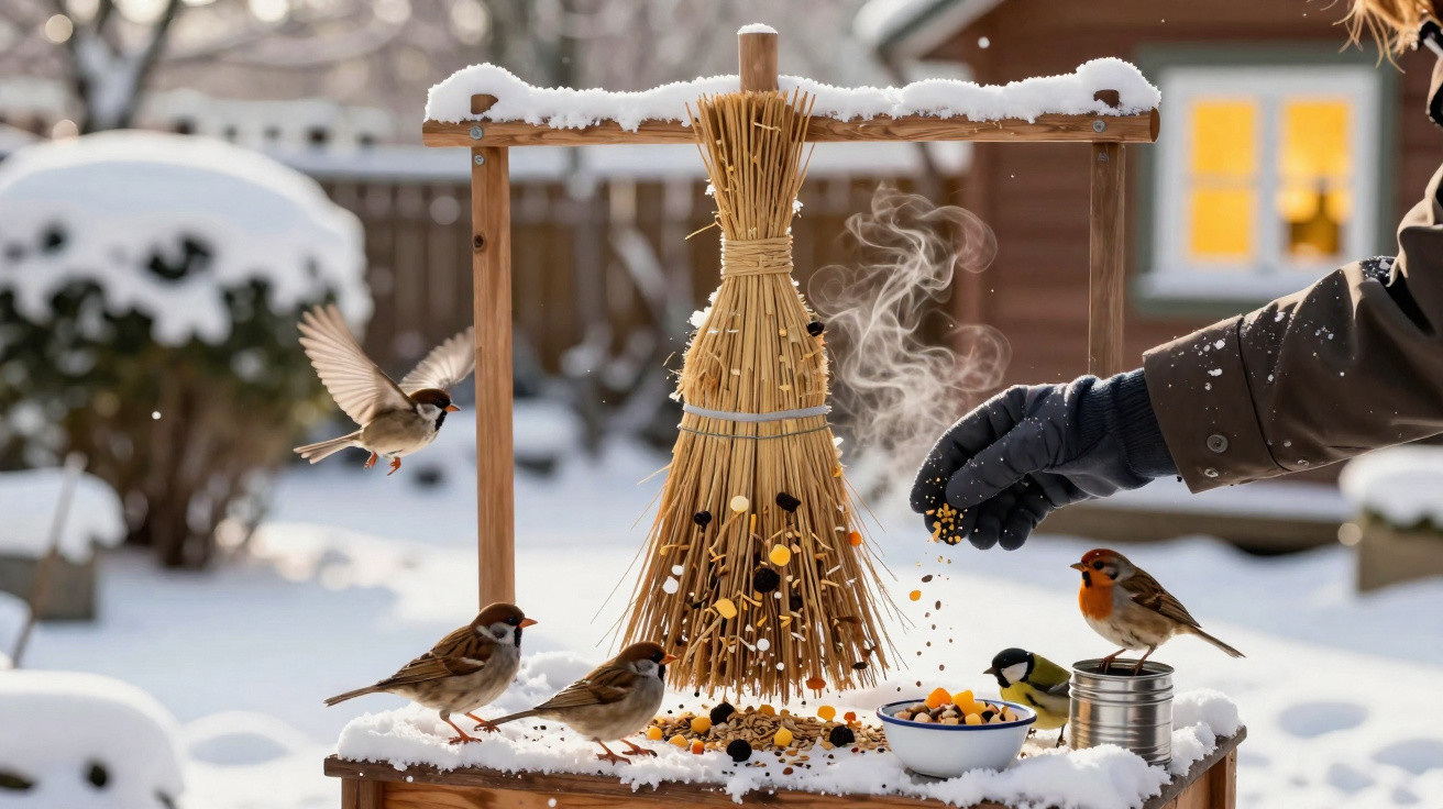 Pássaros se alimentam de sementes em comedouro de madeira coberto de neve com mão humana alimentando-os.