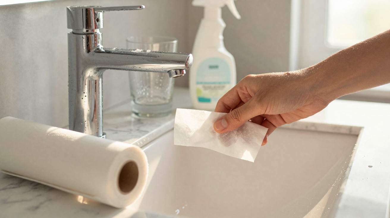 Mão segurando papel toalha próximo à pia com torneira e produtos de limpeza ao fundo.