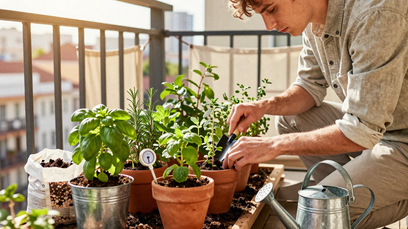 Homem cuidando de plantas em vasos e jardineira em varanda ensolarada de apartamento.
