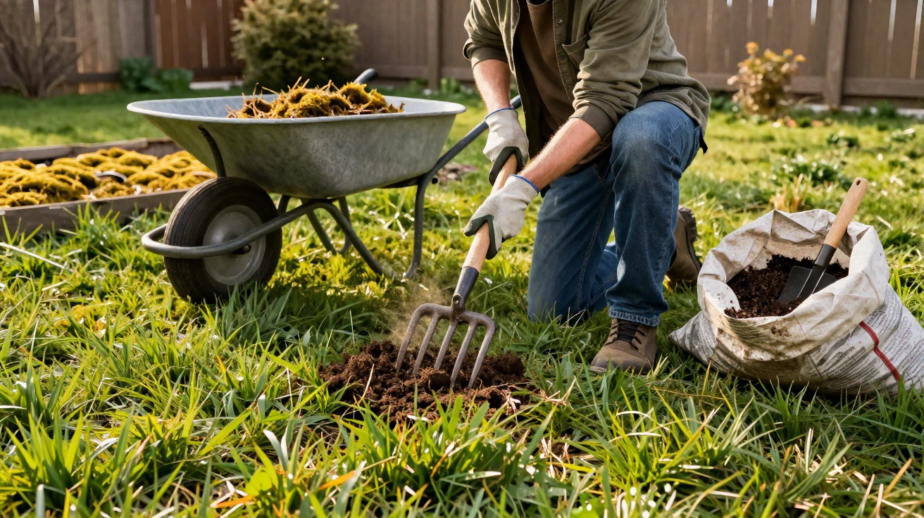 Pessoa ajoelhada usa forcado para revolver terra em jardim com carrinho e saco de adubo ao lado.