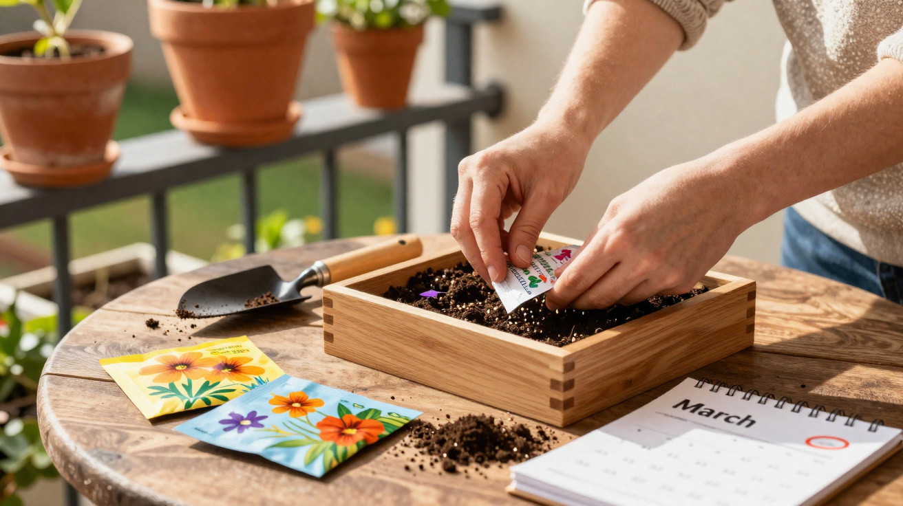Pessoa plantando sementes em caixa de madeira com pacotes de sementes e calendário na mesa.