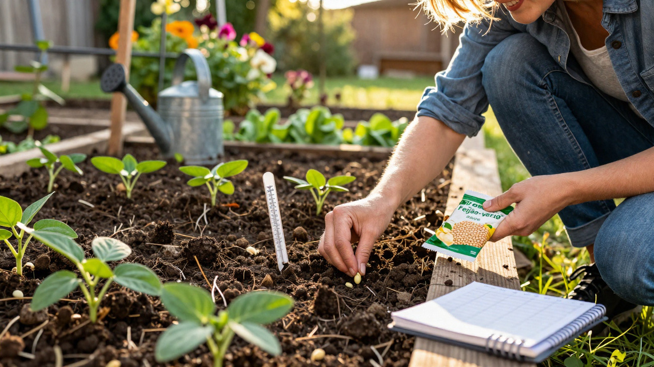 Pessoa plantando sementes de feijão verde em canteiro com brotos e caderno ao lado em jardim ensolarado.