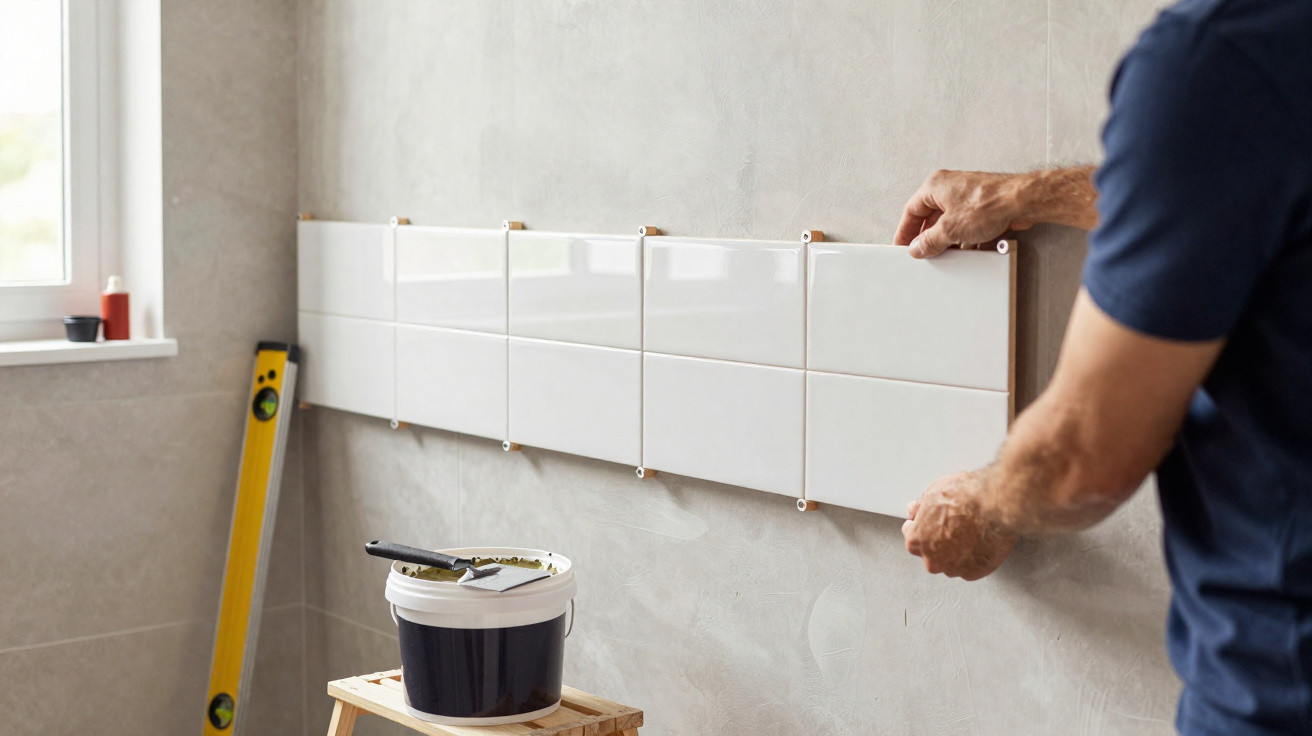 Pessoa instalando azulejos brancos retangulares em parede cinza clara em ambiente interno.