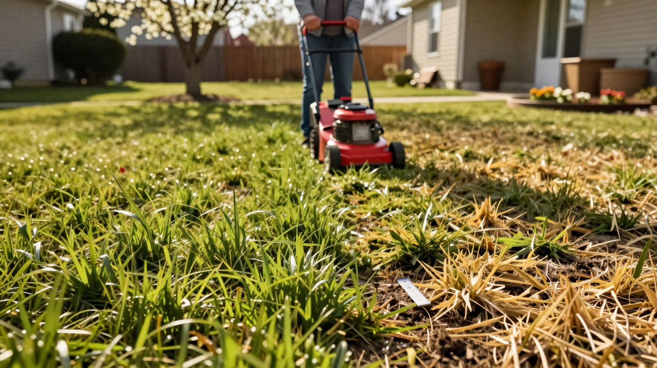 Pessoa cortando grama verde próxima a área com grama seca em jardim residencial com aparador vermelho.