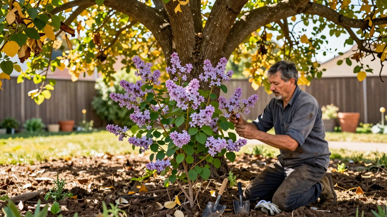 Homem cuidando de planta florida lilás ajoelhado sob árvore com folhas amarelas no jardim.