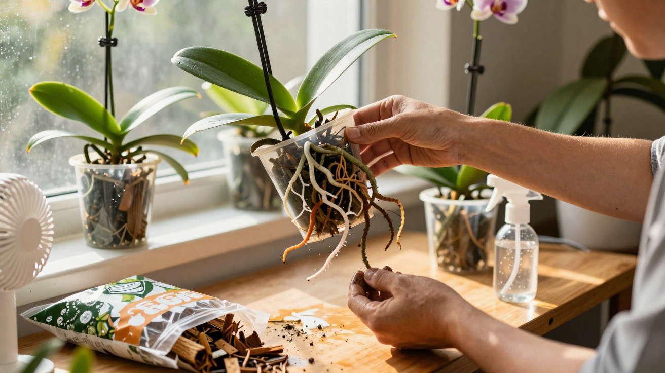 Pessoa cuidando das raízes de orquídea em vaso transparente próximo à janela com outras orquídeas e material de plantio.
