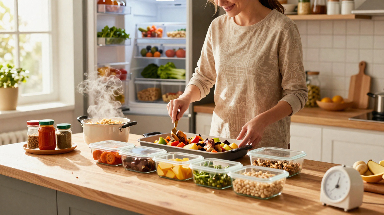 Pessoa preparando salada de legumes na cozinha com alimentos frescos organizados em potes transparentes.
