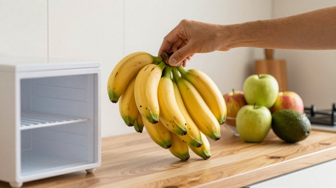 Pessoa segurando um cacho de bananas maduras em uma cozinha com frutas sobre a bancada de madeira.