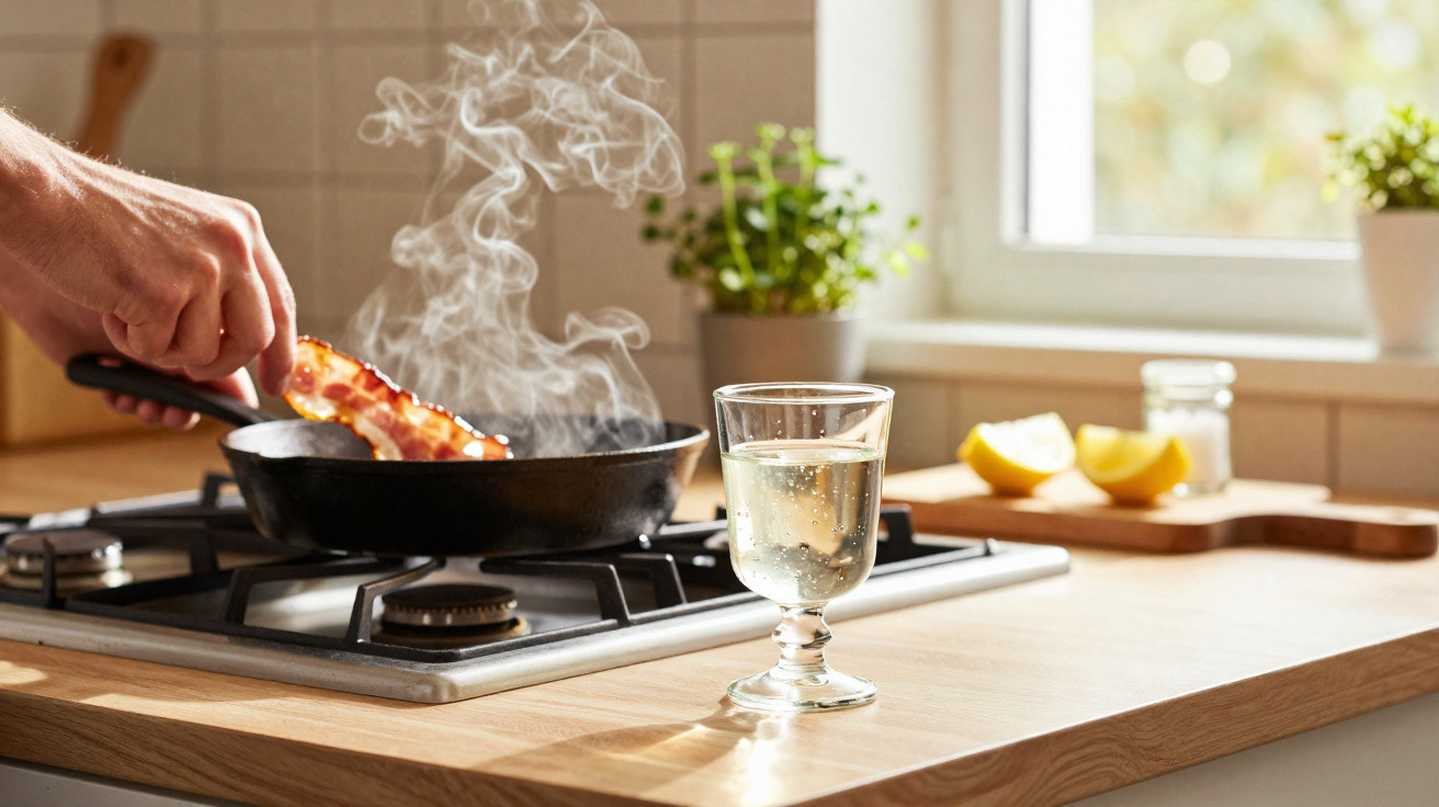 Pessoa fritando bacon em frigideira com vapor saindo, copo com bebida e limões ao fundo na cozinha.