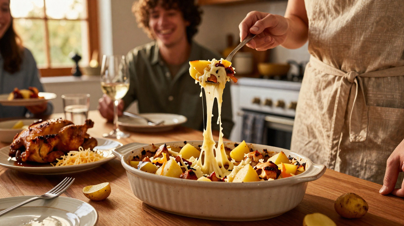 Pessoa servindo prato de batatas com queijo derretido e bacon em mesa com outros pratos e pessoas sorrindo.