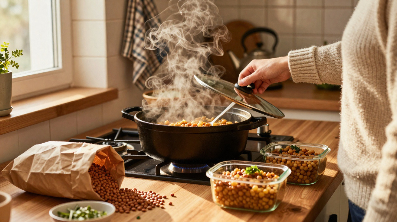 Pessoa abrindo tampa de panela com grãos cozinhando em cozinha ensolarada com sacola de grãos e potes de vidro ao redor.