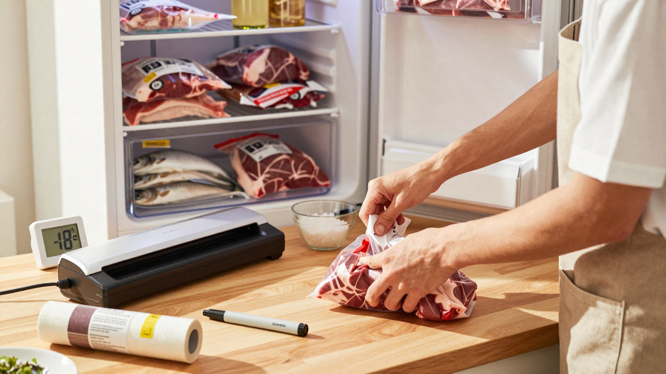 Pessoa embalando carne em saco plástico com máquina de vácuo, ao lado de freezer com carnes e peixes.