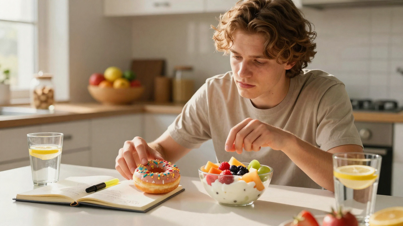 Jovem sentado à mesa pegando um donut colorido, com tigela de frutas e caderno aberto na cozinha.