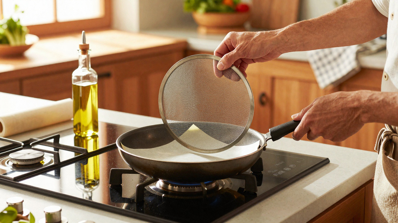 Pessoa usando tampa de tela para cozinhar crepe em frigideira em fogão a gás em cozinha iluminada.