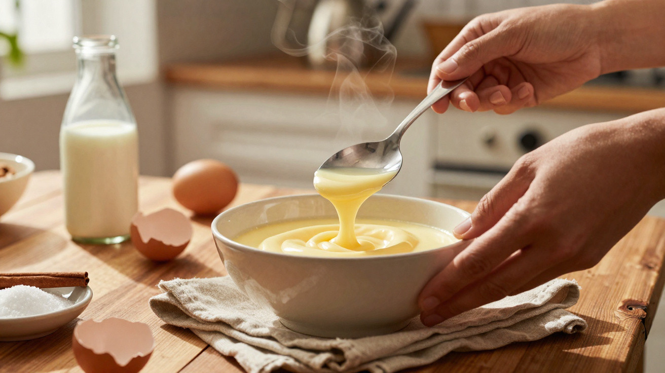 Mãos seguram colher com creme quente enquanto mistura em tigela sobre pano em mesa de madeira.