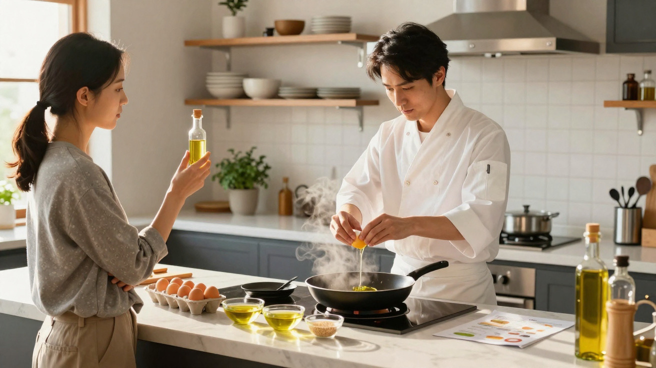 Homem cozinha ovo na frigideira enquanto mulher segura garrafa de azeite na cozinha moderna.
