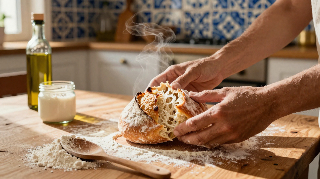 Mãos quebrando pão artesanal quente com vapor, farinha e utensílios sobre mesa de madeira em cozinha.