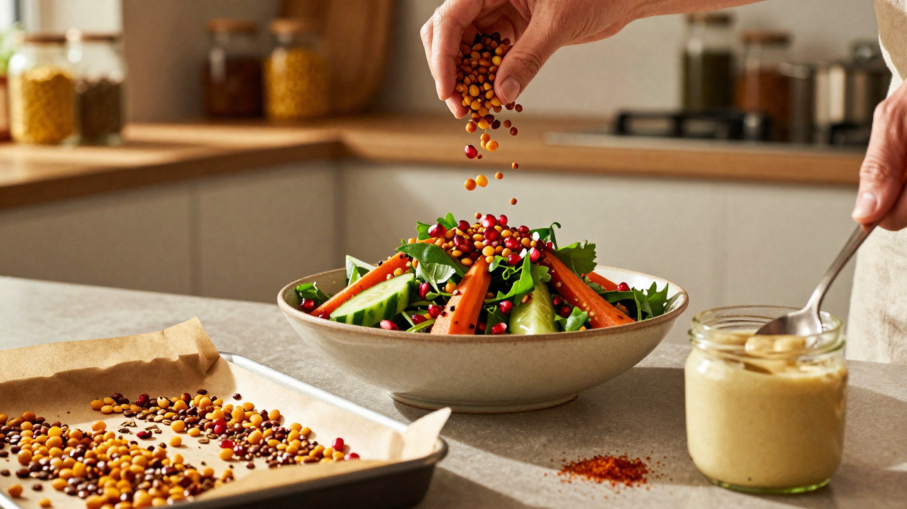 Mão polvilhando lentilhas coloridas em salada de legumes frescos em tigela na bancada da cozinha.