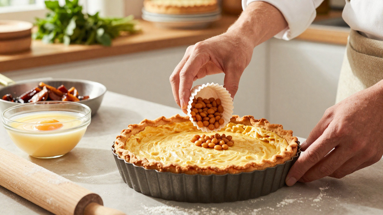 Pessoa despejando grãos de cerâmica sobre massa de torta para pré-assar em forma de metal na cozinha.