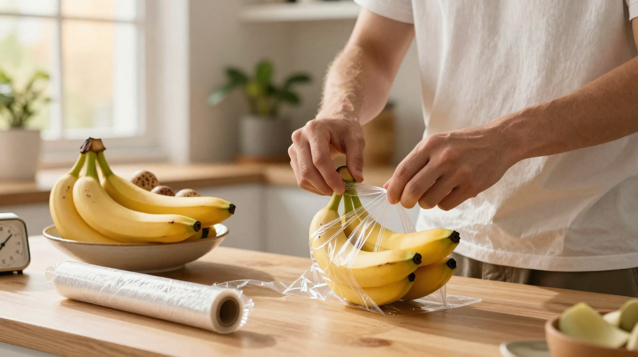 Pessoa embalando um cacho de bananas com filme plástico em uma cozinha iluminada e moderna.