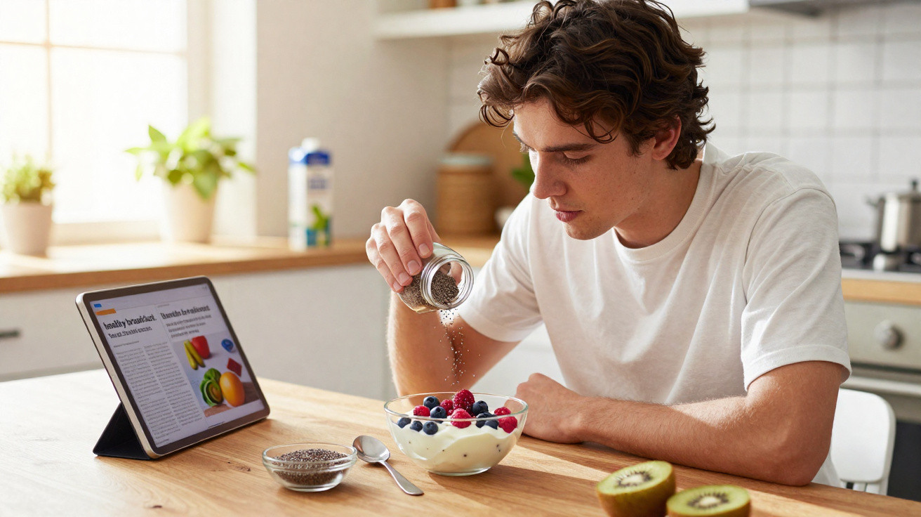 Jovem adicionando sementes em bowl com iogurte e frutas enquanto lê receita em tablet na cozinha.