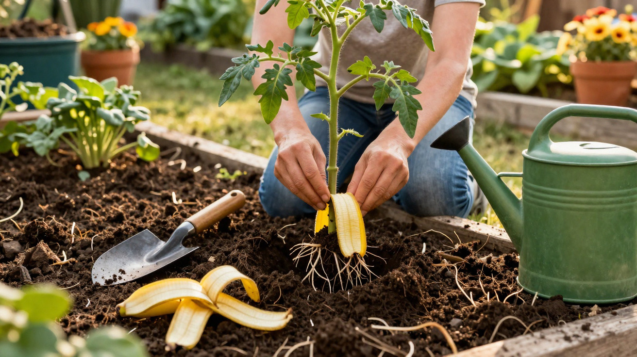 Pessoa colocando casca de banana na base de planta de tomate no jardim, com regador e ferramenta ao lado.