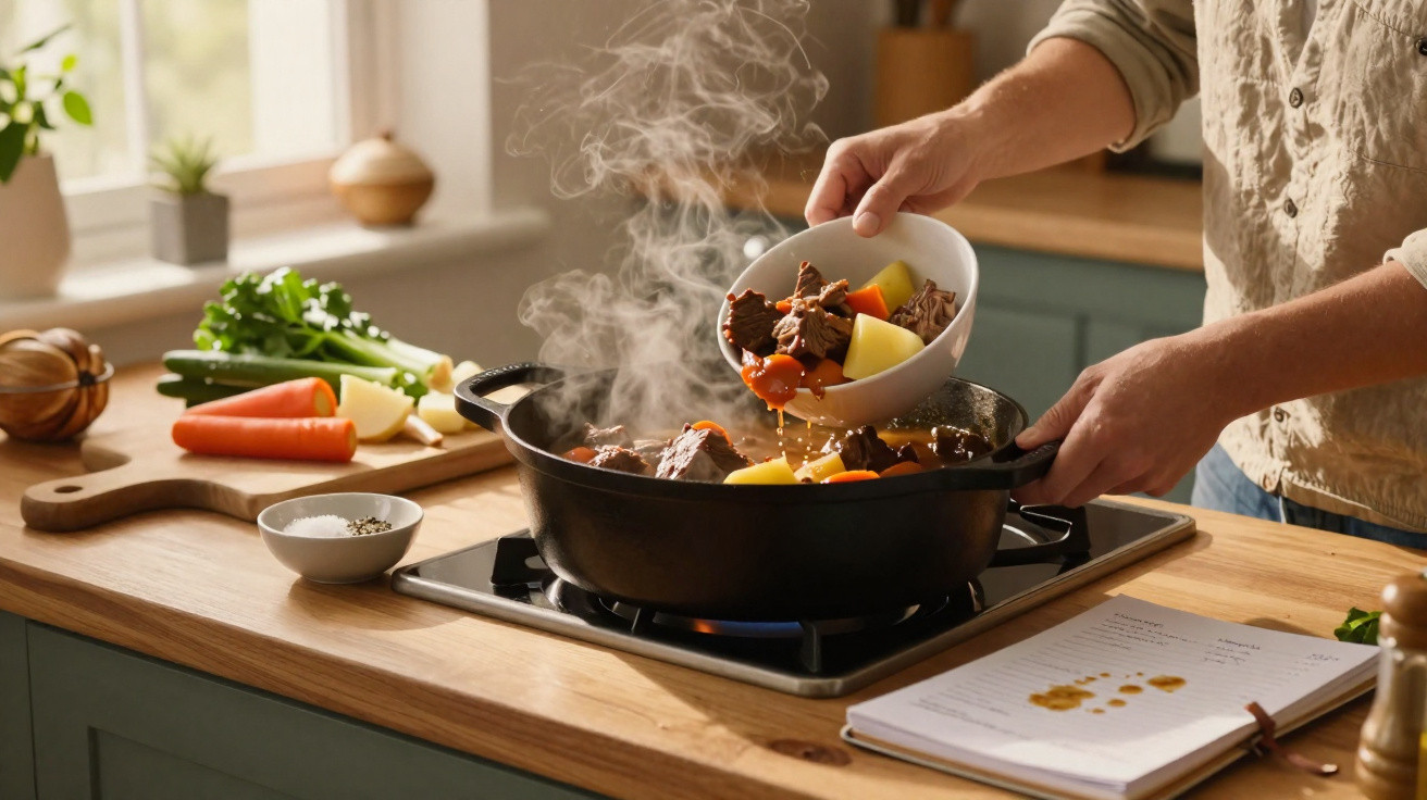 Pessoa adiciona ingredientes em panela de ferro com ensopado cozinhando no fogão.