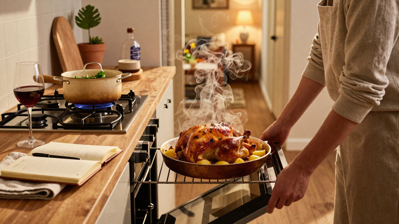 Pessoa retirando frango assado com batatas quentes do forno em cozinha aconchegante.