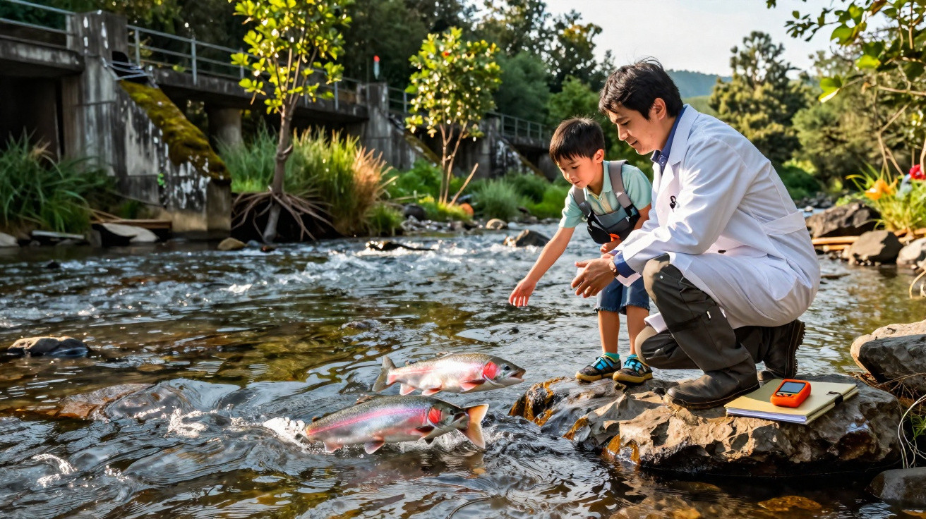 Criança e cientista observam peixes em rio raso cercado por vegetação e estrutura de madeira.