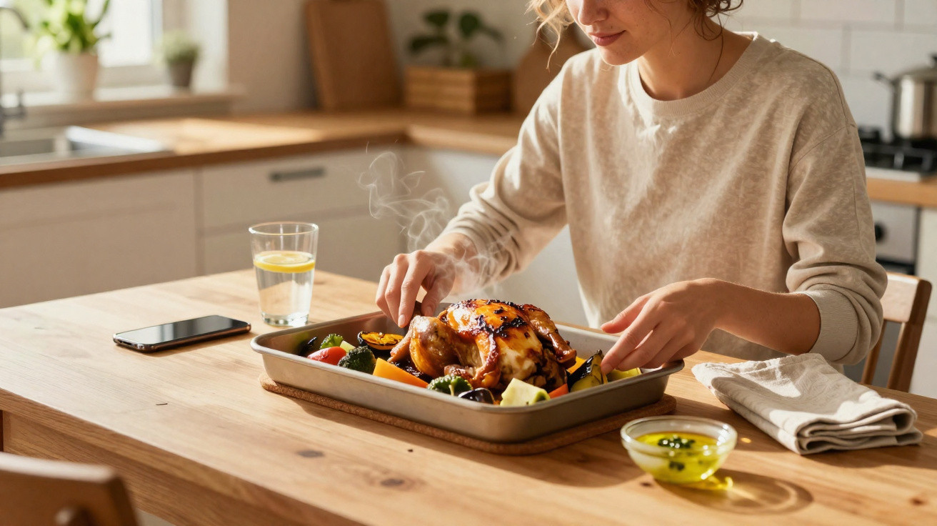 Mulher preparando frango assado com legumes em uma assadeira na mesa da cozinha.