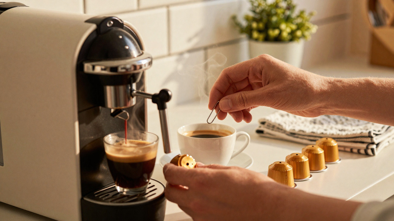 Pessoa preparando café espresso na cafeteira usando cápsulas douradas sobre bancada na cozinha.