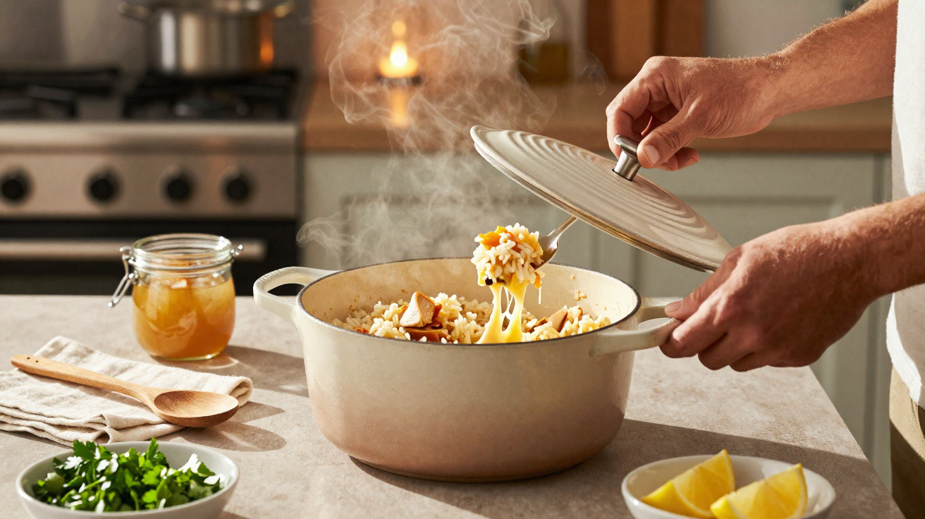 Pessoa levantando a tampa de panela com risoto fumegante no fogão da cozinha.