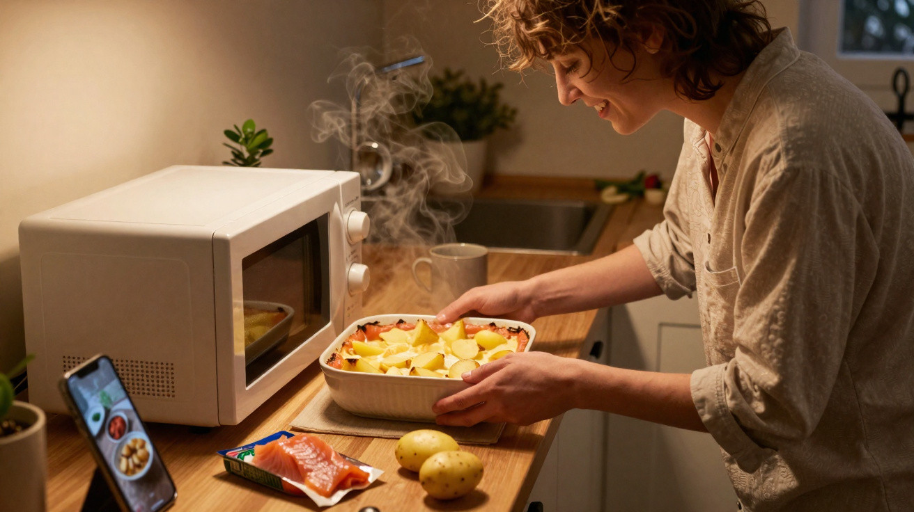 Pessoa retirando prato com comida quente do micro-ondas em cozinha com batatas e kit de salmão na bancada.
