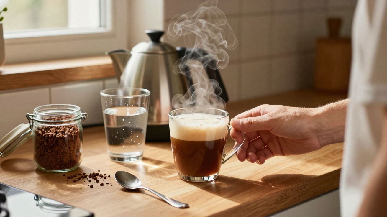 Mão segurando xícara de café fumegante sobre bancada com pote de café, copo d’água e chaleira ao fundo.