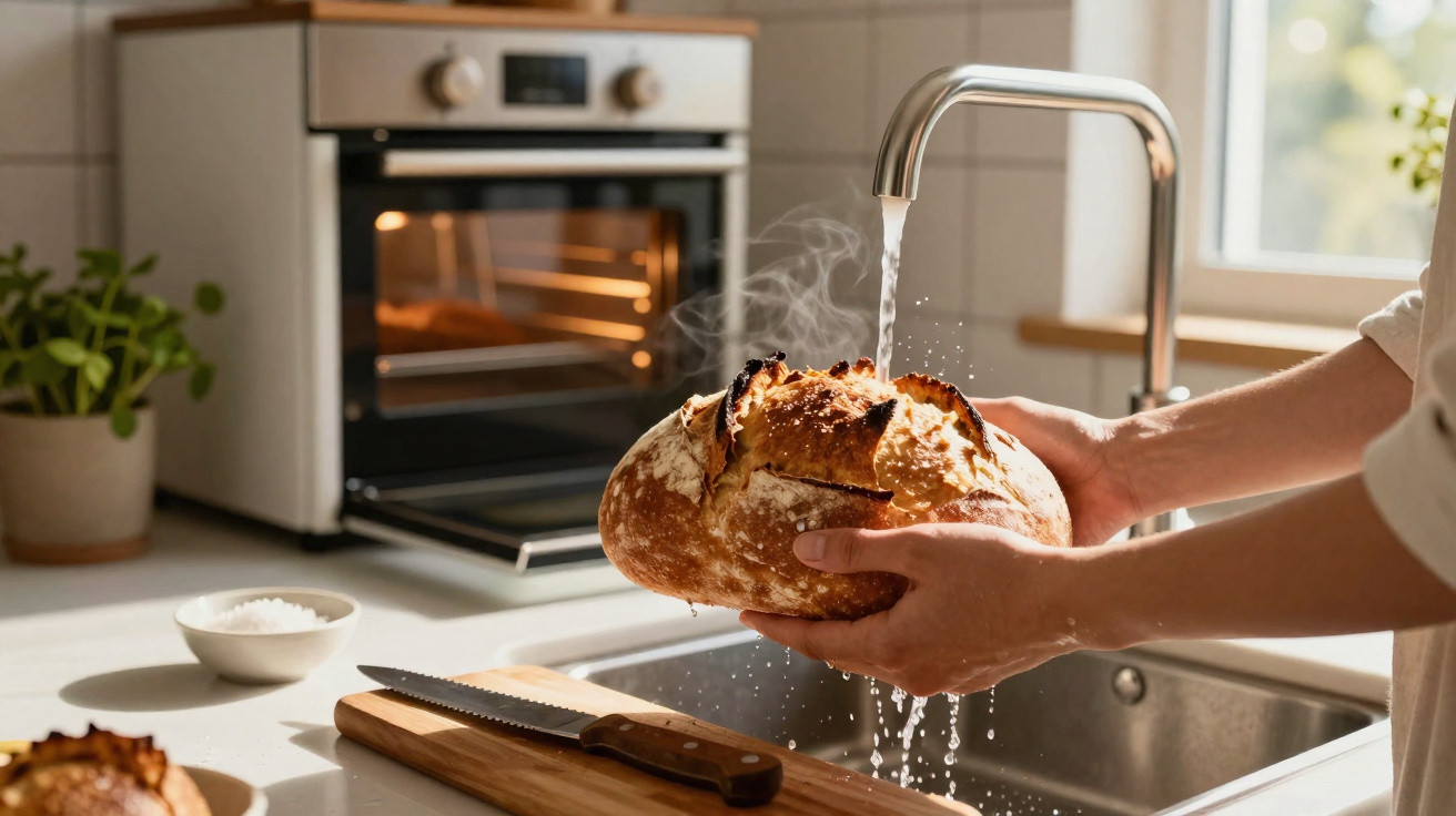 Pessoa lavando pão artesanal quente em pia de cozinha moderna com forno ao fundo e faca sobre tábua de madeira