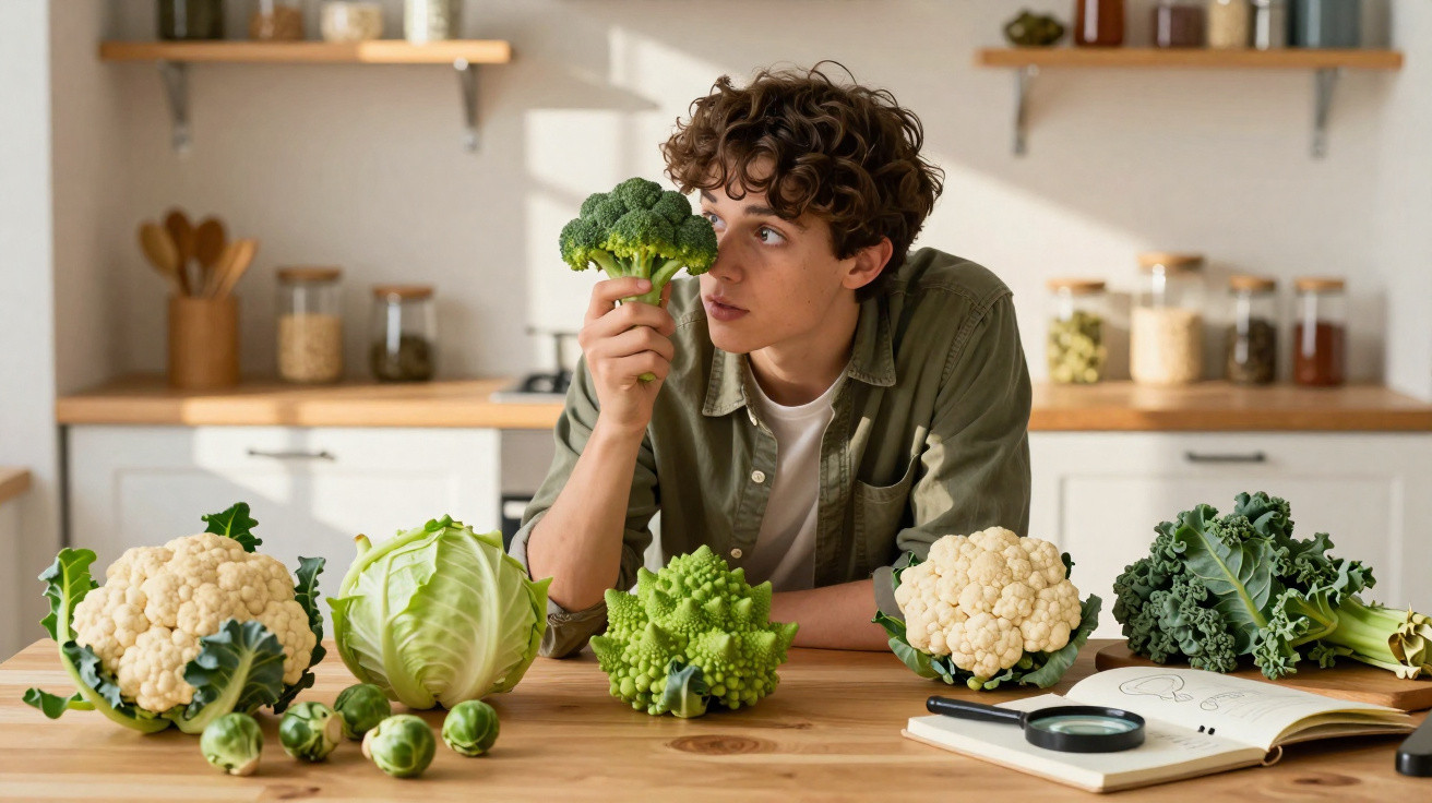 Jovem segurando brócolis na cozinha, cercado por diversos vegetais e um caderno aberto.