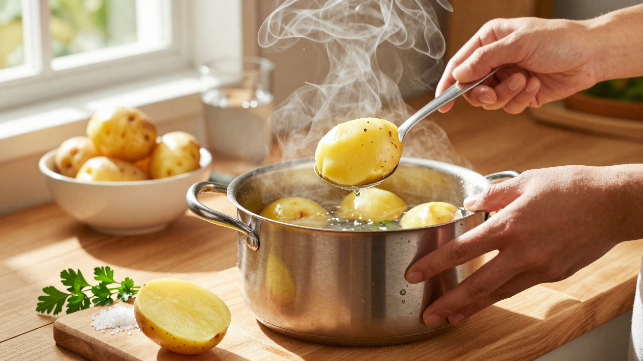 Mãos tirando batatas quentes e cozidas em água fervente de panela de inox em cozinha iluminada.