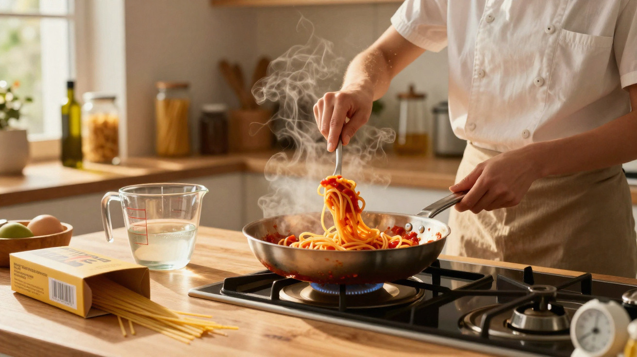 Pessoa cozinhando espaguete com molho de tomate em frigideira sobre fogão a gás em cozinha iluminada.
