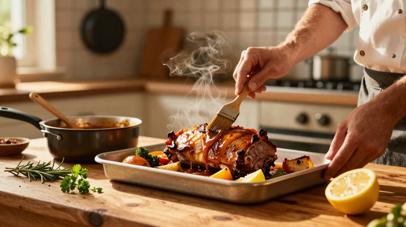 Pessoa pincelando molho em carne assada fumegante com legumes em assadeira na cozinha.