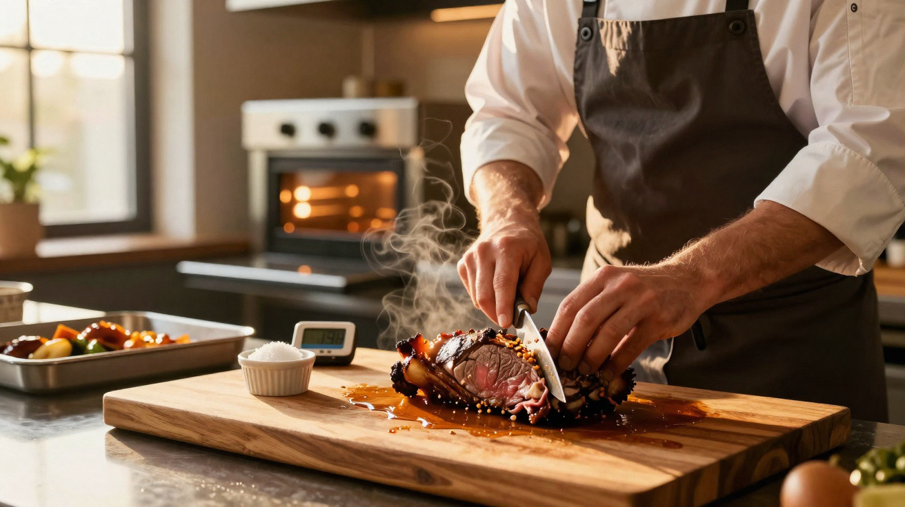 Chef cortando carne assada fumegante em tábua de madeira em cozinha moderna e iluminada.