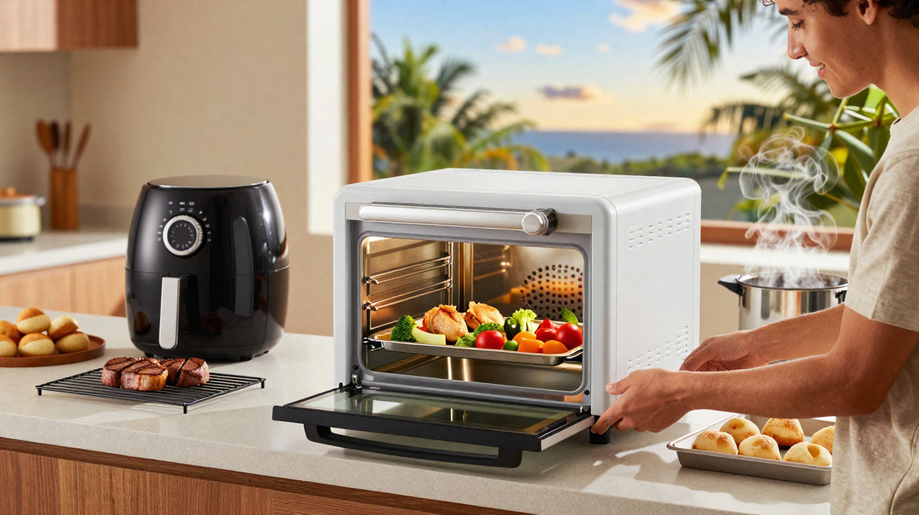 Pessoa retirando bandeja com legumes e frango de forno elétrico em cozinha moderna iluminada.