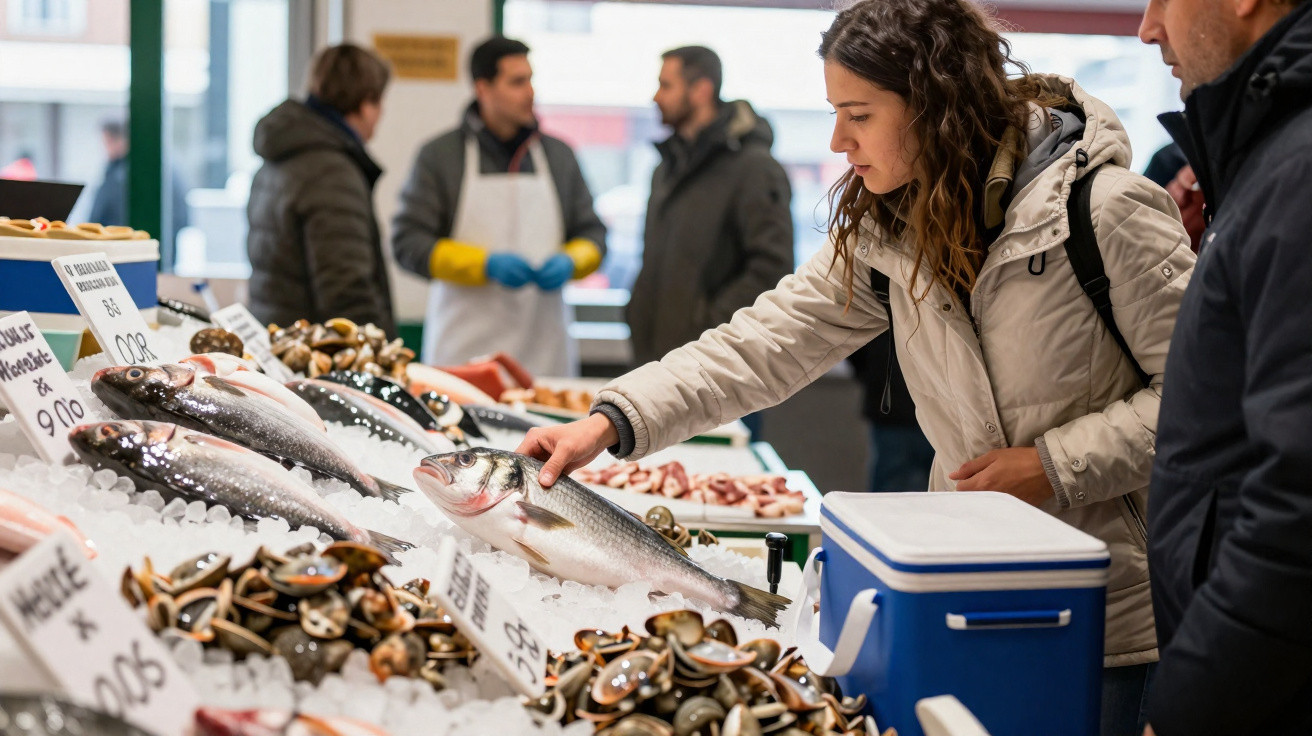 Mulher vestindo casaco bege escolhe peixe em peixaria com frutos do mar e pessoas ao fundo.
