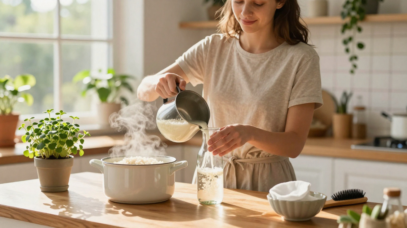 Mulher na cozinha despejando líquido quente em garrafa ao lado de panela com arroz fumegante.