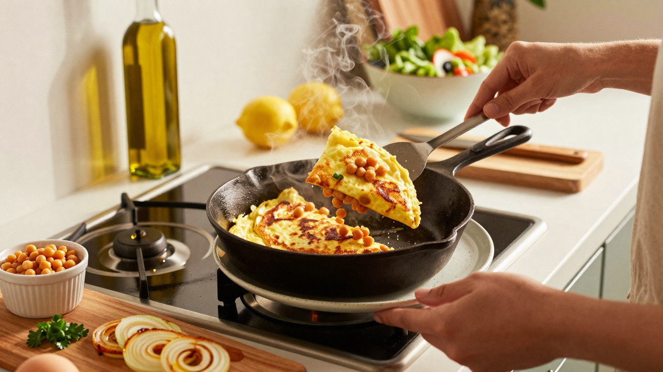 Pessoa virando omelete com grão-de-bico em frigideira sobre fogão em cozinha iluminada.