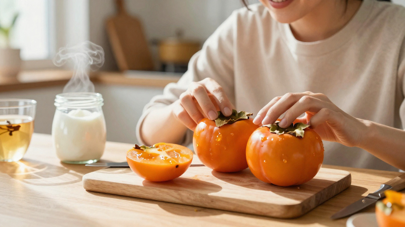 Pessoa descascando caquis em uma tábua de madeira com chá e vela aromática ao lado.