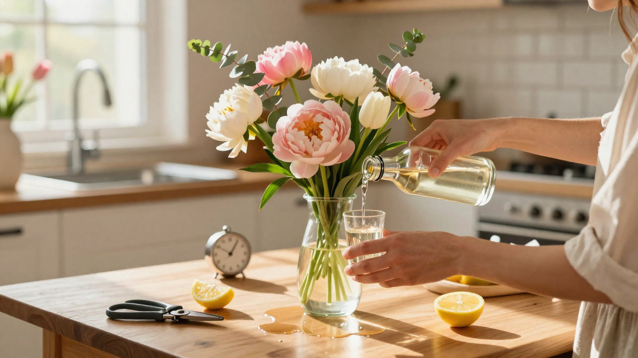 Pessoa regando flores rosas e brancas em vaso de vidro sobre mesa de madeira na cozinha iluminada.
