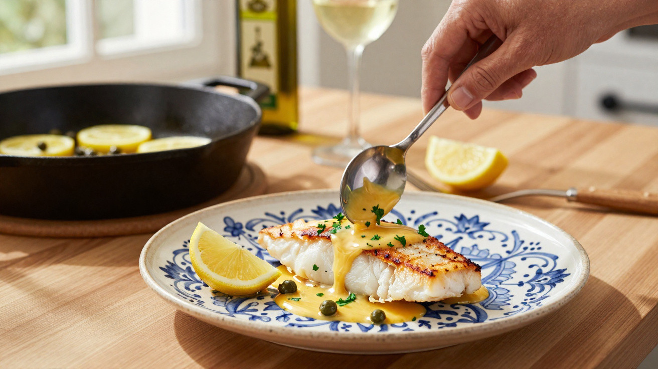 Prato com peixe grelhado, molho amarelo, alcaparras, pedaço de limão e mão colocando molho, fundo com frigideira e taça.