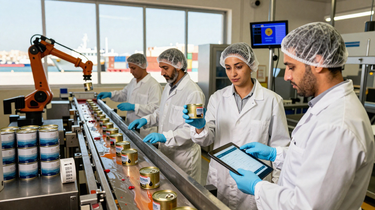Funcionários em linha de produção de latas com toucas, luvas e jalecos, conferindo qualidade do produto.